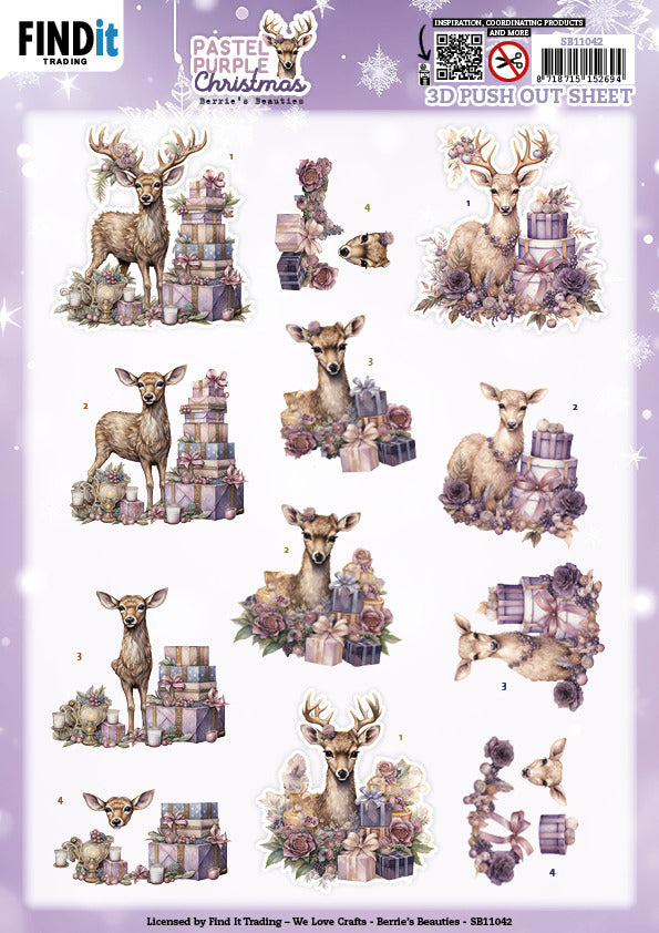 Berries Beauties 3D Push Out Sheet, Pastel Purple Christmas - Deer