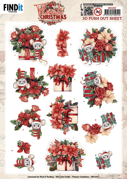 3D Push Out Sheet, Floral Christmas