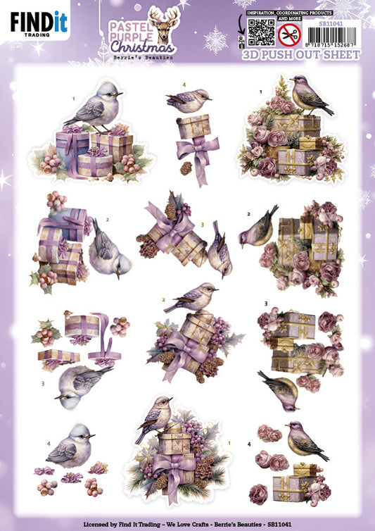 Berries Beauties 3D Push Out Sheet, Pastel Purple Christmas - Birds