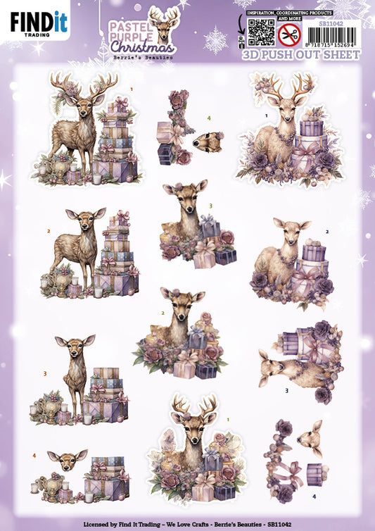 Berries Beauties 3D Push Out Sheet, Pastel Purple Christmas - Deer