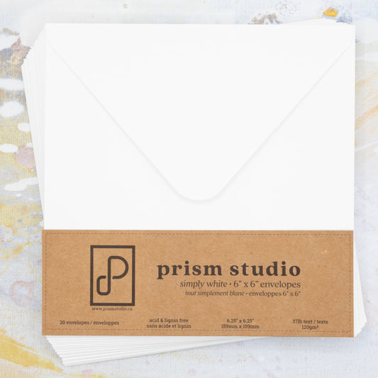 20 bright white, V-style envelopes 32lb text (120gsm) 6.25" x 6.25" (159 mm x 159 mm) Envelopes are pre-gummed, with moisture activated adhesive on the top flap. Acid and lignin-free Envelopes, 6" x 6" (20 pc)